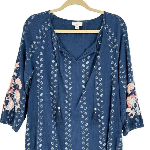 J. Jill Floral Embroidered Peasant Tunic Blue Batik Print Dress Small - Picture 3 of 12